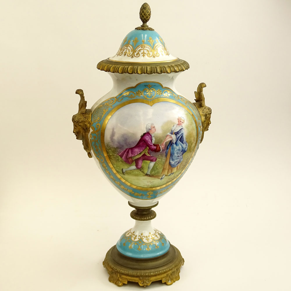 Antique Sevres Hand Painted Bronze Mounted Bolted Urn.