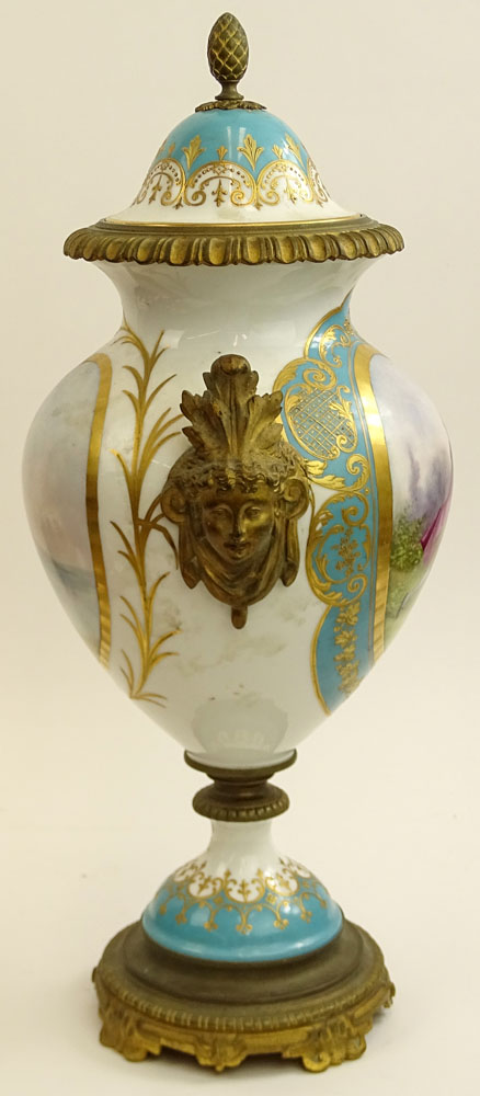 Antique Sevres Hand Painted Bronze Mounted Bolted Urn.