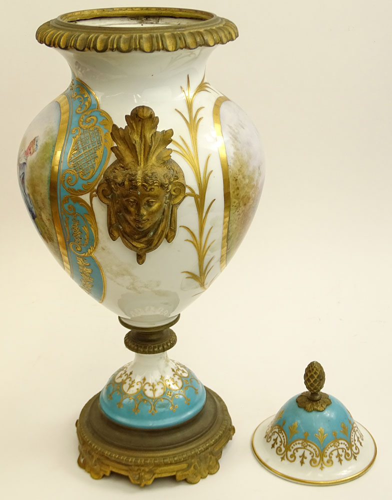 Antique Sevres Hand Painted Bronze Mounted Bolted Urn.