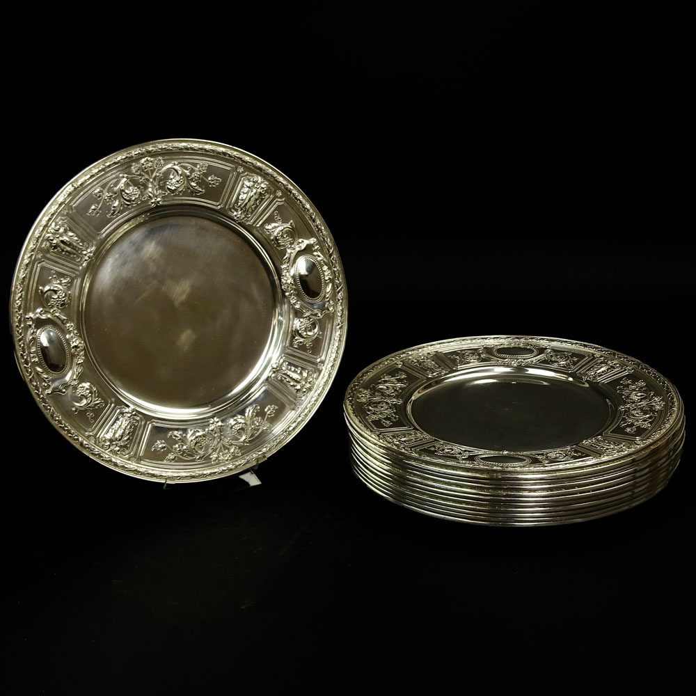 Twelve (12) Circa 1896 Gorham Sterling Silver Service Plates in the Maintenon Pattern.