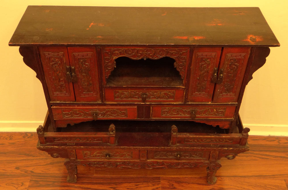 19/20th Century Chinese Carved and Lacquer Wood Shrine Cabinet.