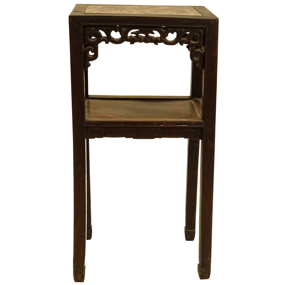 Chinese Carved Hardwood Pedestal with Inset Marble Top.