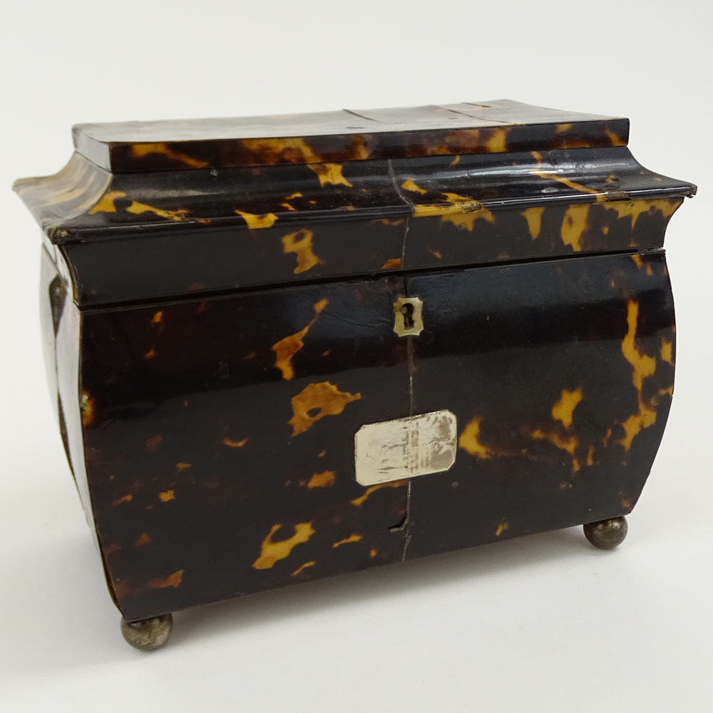 Antique English Tortoiseshell Tea Caddy. Two compartments, ball feet. 