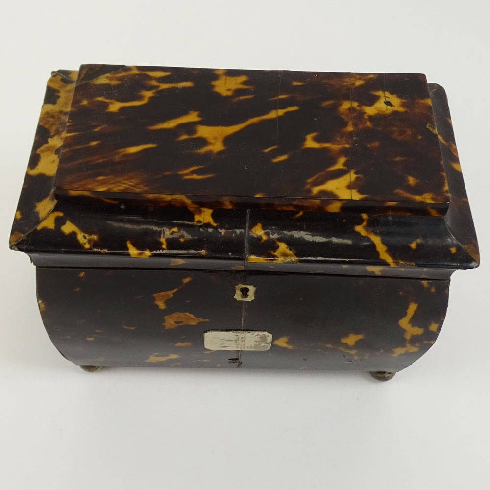 Antique English Tortoiseshell Tea Caddy. Two compartments, ball feet. 