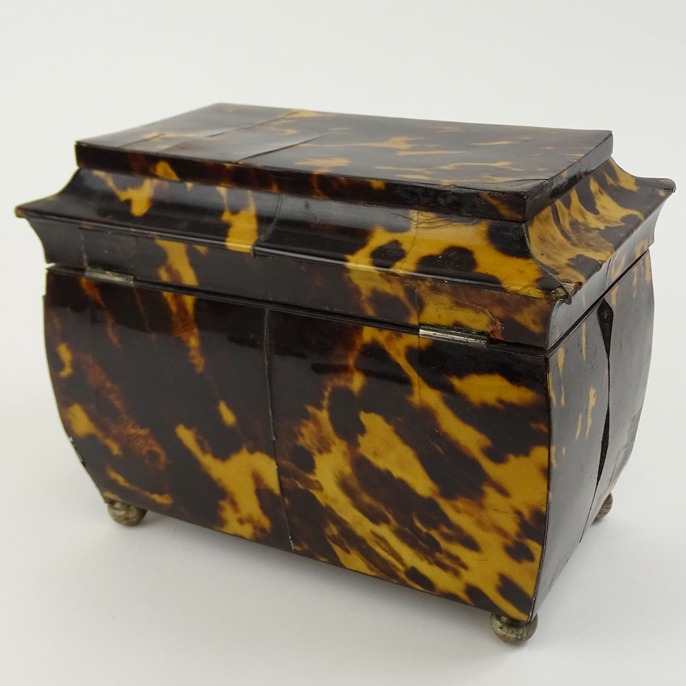 Antique English Tortoiseshell Tea Caddy. Two compartments, ball feet. 