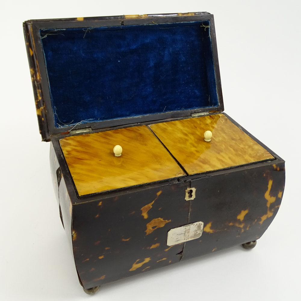 Antique English Tortoiseshell Tea Caddy. Two compartments, ball feet. 