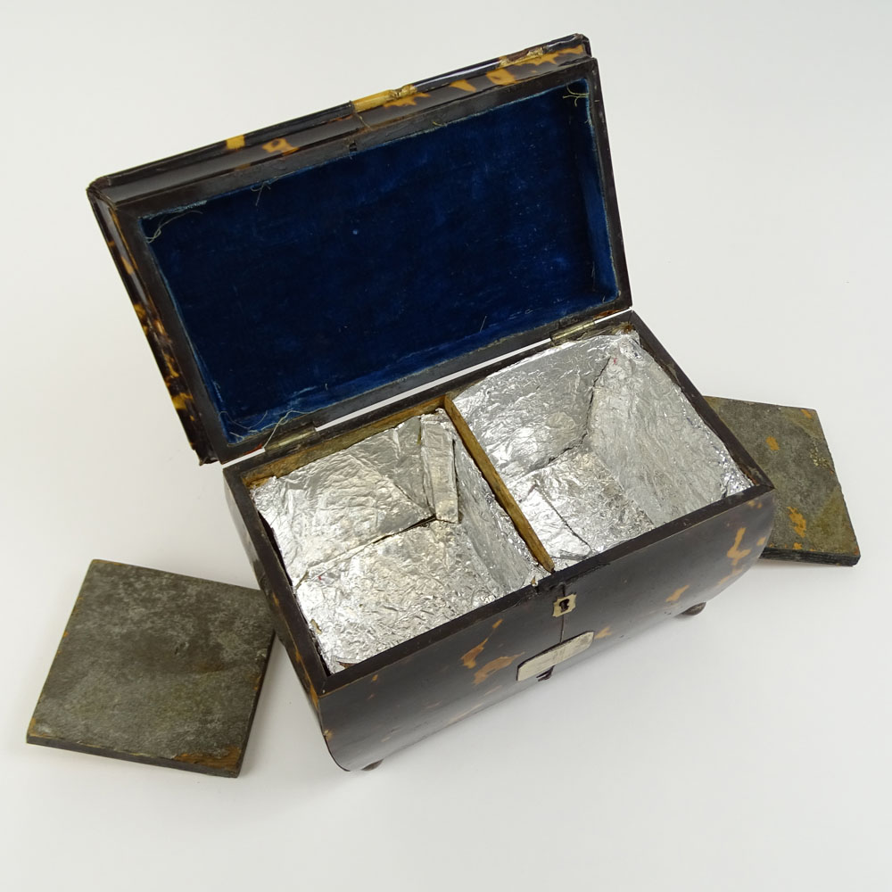 Antique English Tortoiseshell Tea Caddy. Two compartments, ball feet. 