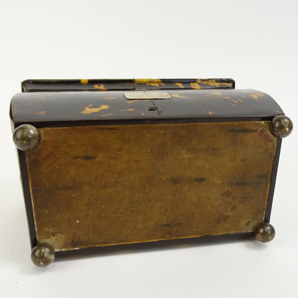 Antique English Tortoiseshell Tea Caddy. Two compartments, ball feet. 