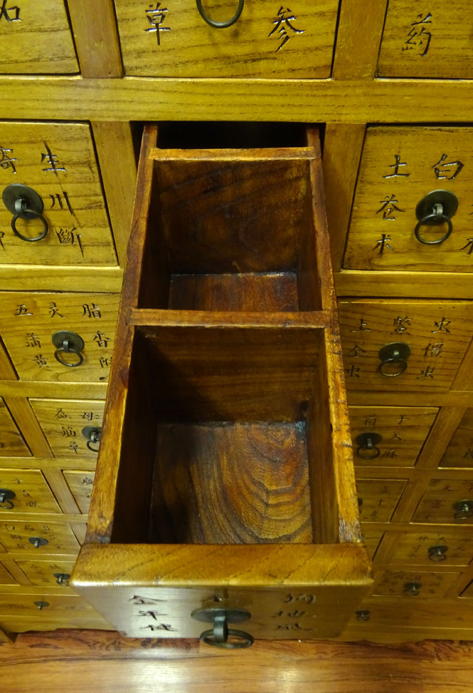 Modern Chinese Carved Hard Wood Apothecary Chest.