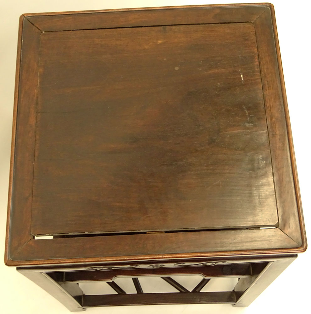 Antique Chinese Hardwood Table with Shelf and Cracked Ice Work Trestle.