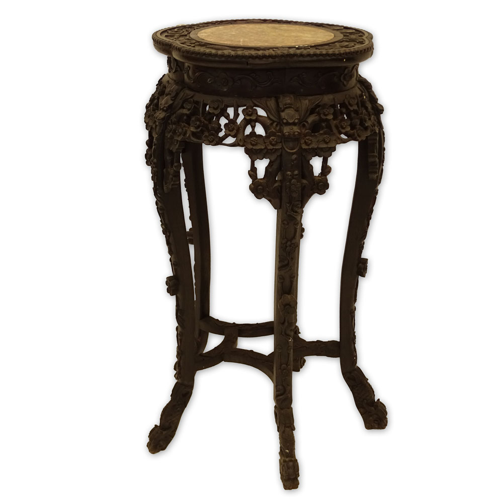 Antique Chinese Carved Hardwood Table with Marble Top.