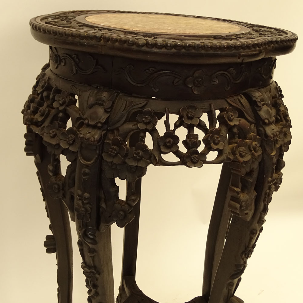 Antique Chinese Carved Hardwood Table with Marble Top.
