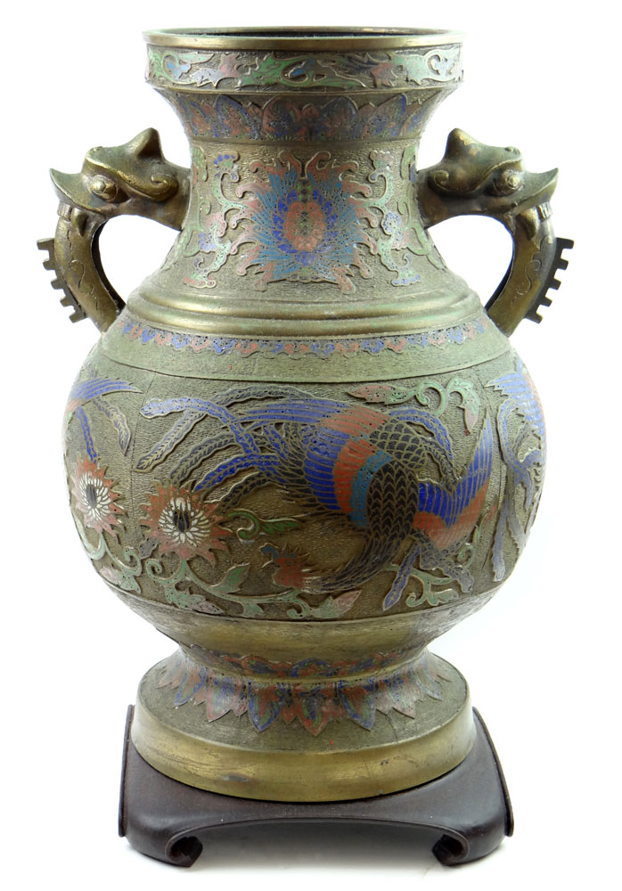 Large Antique Chinese Bronze and Cloisonne Vase with Applied Handles Mounted on Wooden Base. Delamped and Bolted to Base.