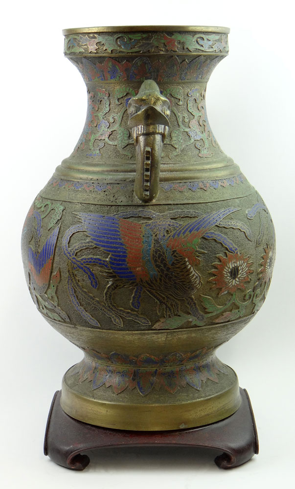 Large Antique Chinese Bronze and Cloisonne Vase with Applied Handles Mounted on Wooden Base. Delamped and Bolted to Base.