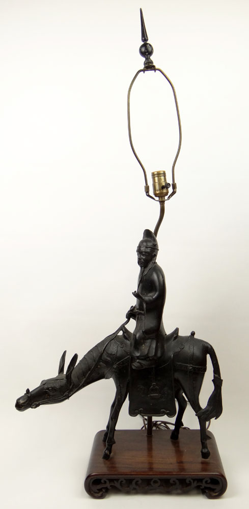 Early 20th Century Chinese Bronze "Scholar Riding a Donkey" Bearded Figure Wearing a Simple long Robe Holding a Scroll.