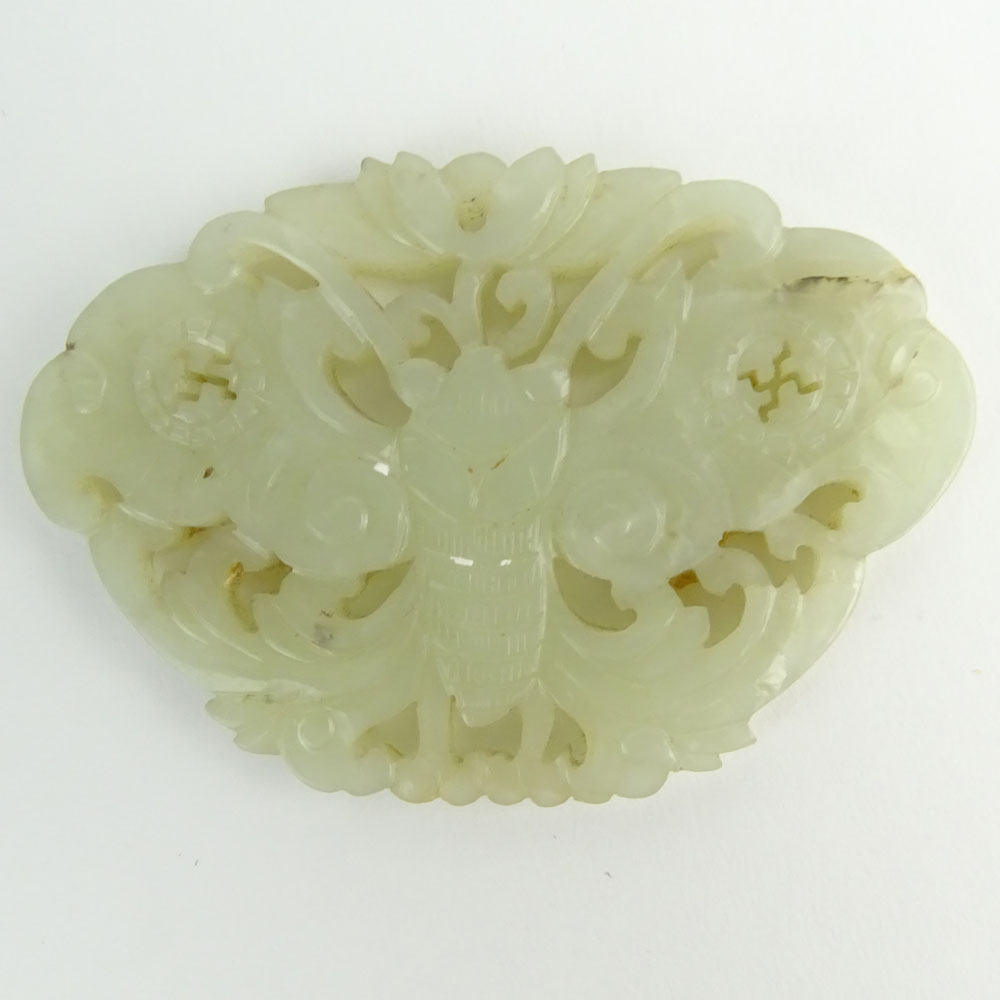 Antique Chinese Carved White/Pale Celadon Jade Butterfly Pendant.