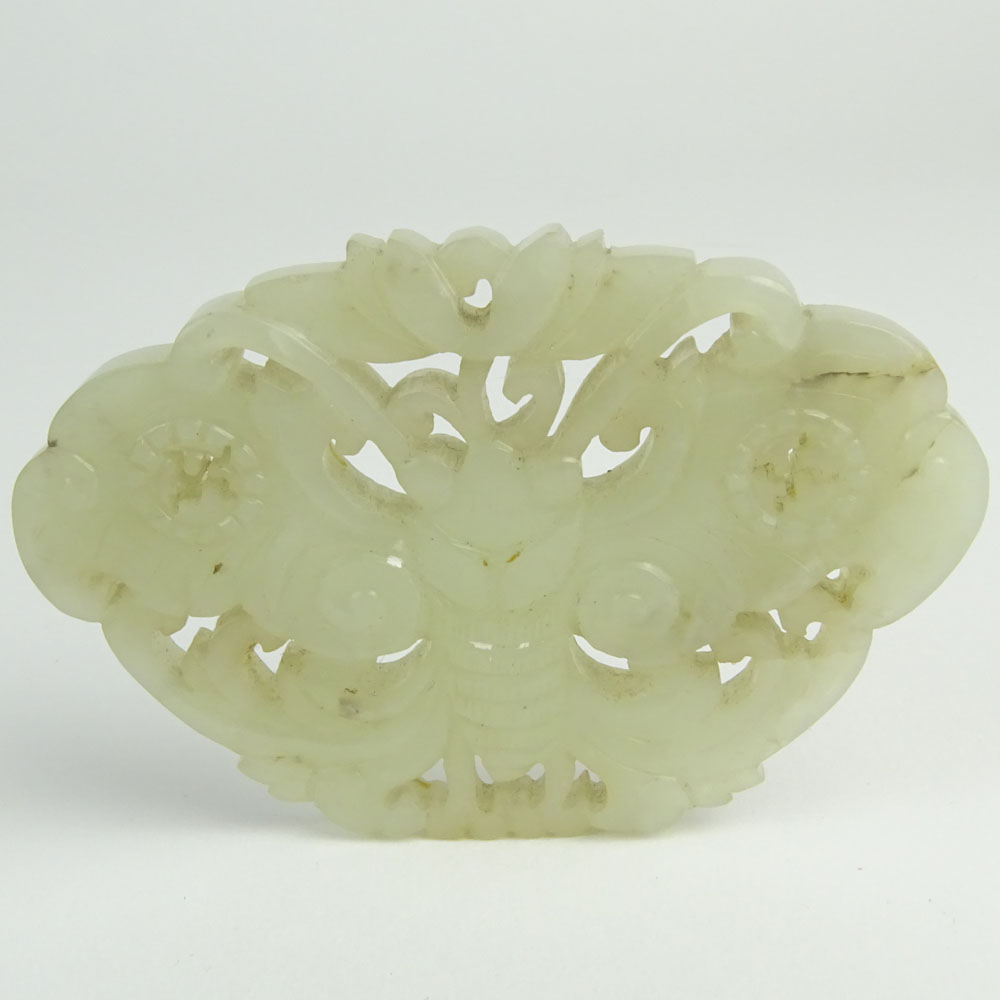 Antique Chinese Carved White/Pale Celadon Jade Butterfly Pendant.