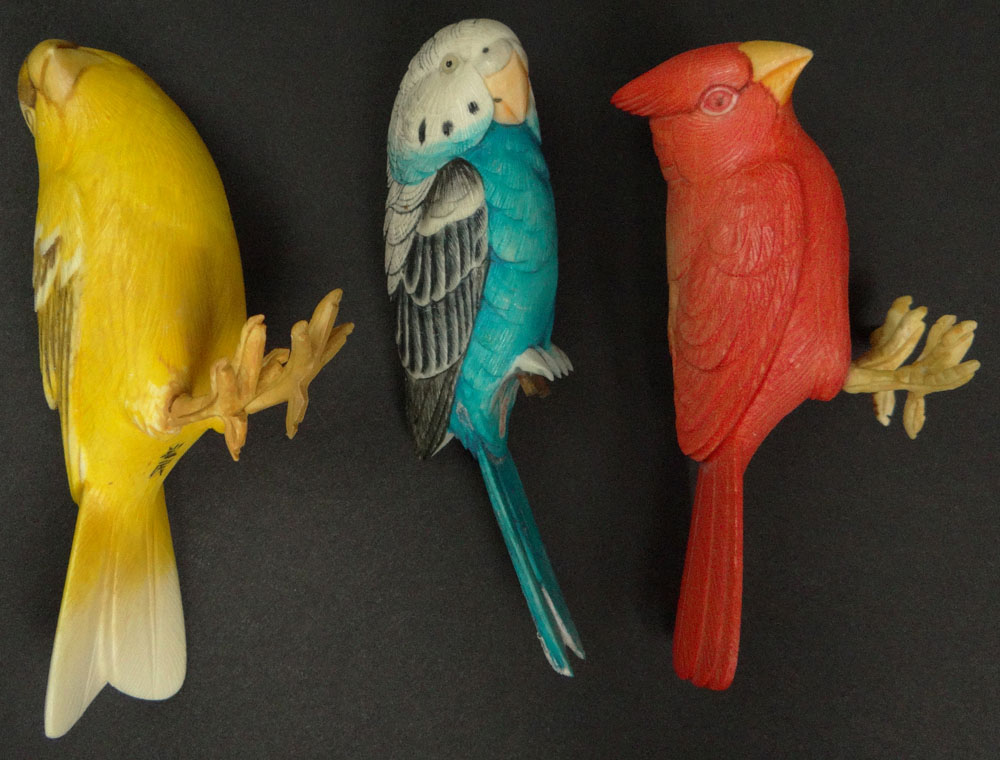 Three (3) Miniature Polychrome Painted Carved Ivory Japanese Okimono Birds.