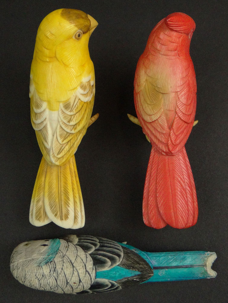 Three (3) Miniature Polychrome Painted Carved Ivory Japanese Okimono Birds.