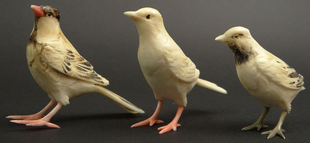 Three (3) Japanese Carved and Polychromed Ivory Bird Figures.