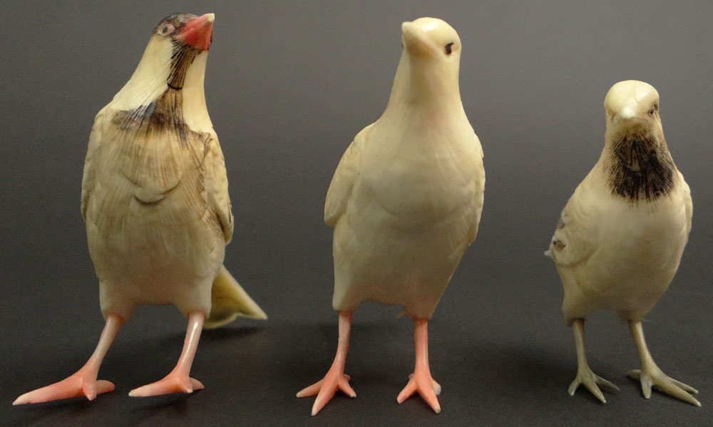 Three (3) Japanese Carved and Polychromed Ivory Bird Figures.