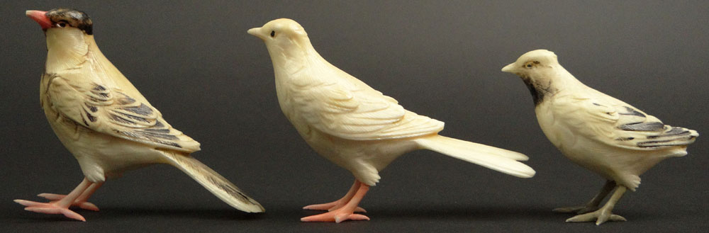 Three (3) Japanese Carved and Polychromed Ivory Bird Figures.