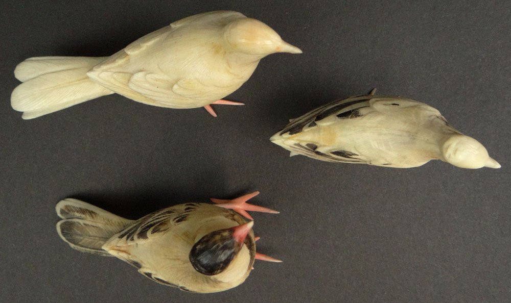 Three (3) Japanese Carved and Polychromed Ivory Bird Figures.