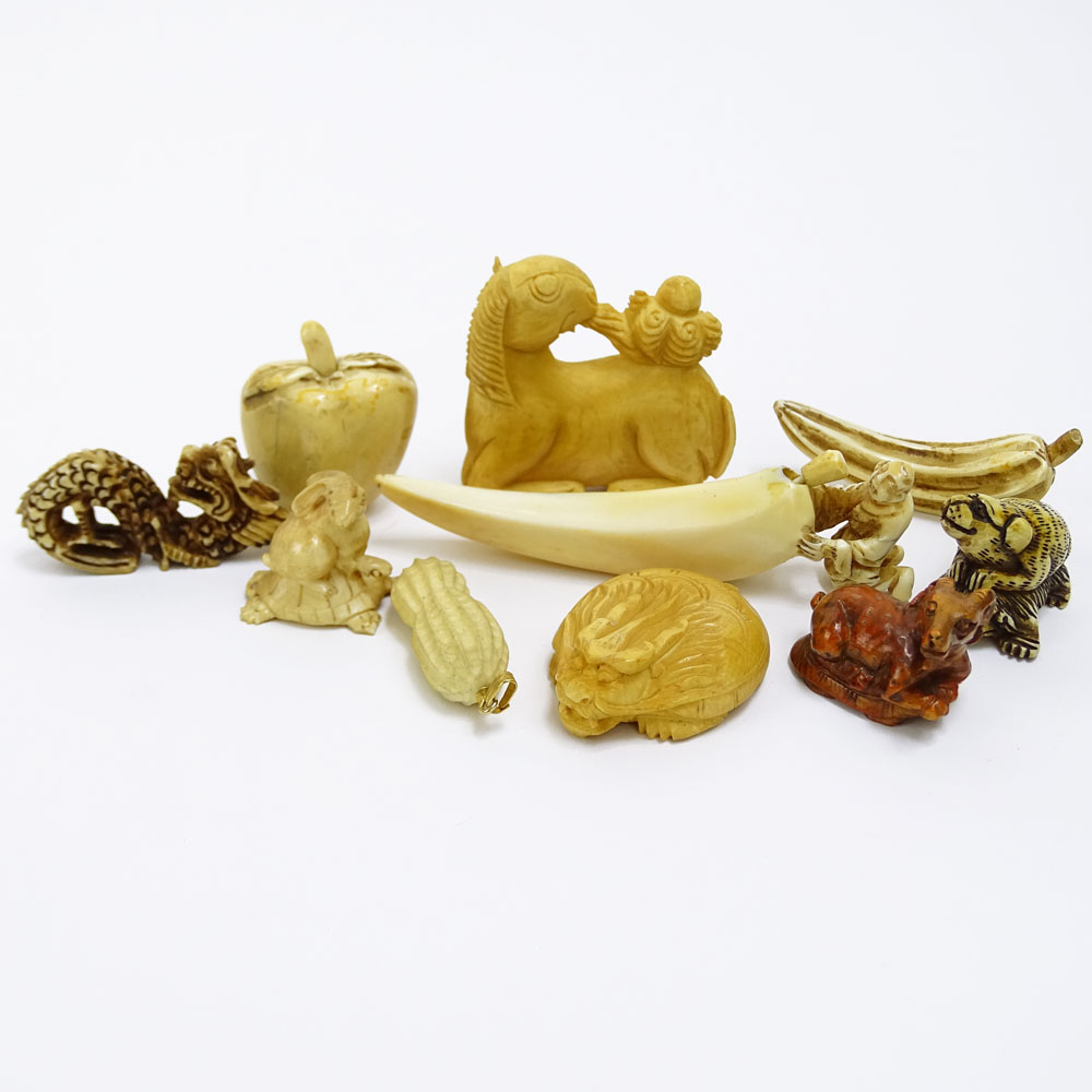 Collection Mid 20th Century Japanese Carved Ivory Including Six (6) Netsukes, Three (3) Snuff Bottles and One (1) Pendant. 