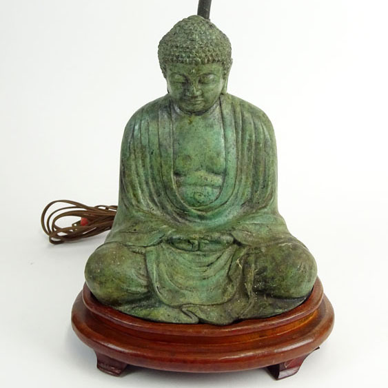 Chinese Archaistic Bronze Buddha Attached as a Lamp on Wooden Platform.