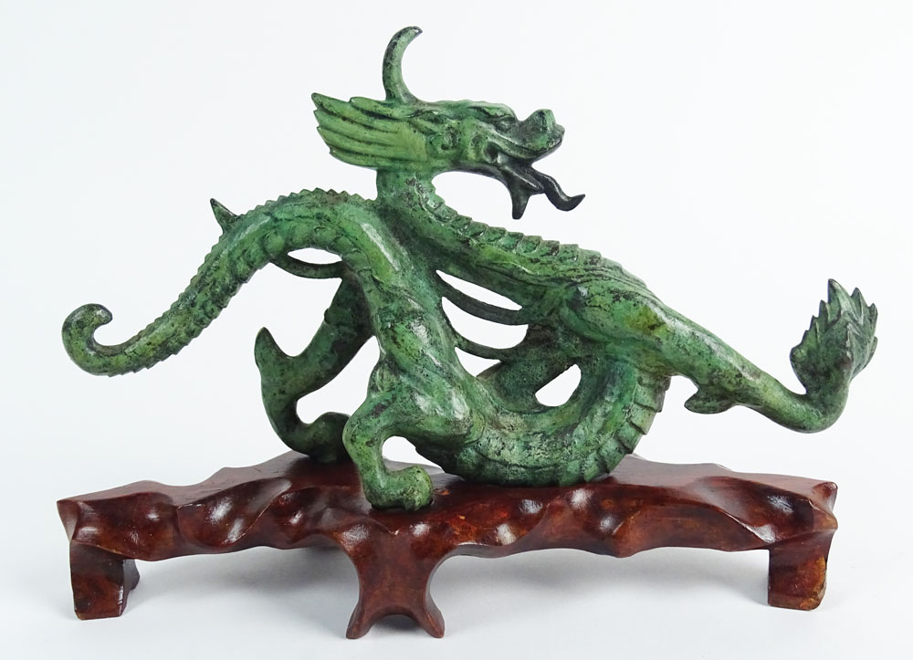 Chinese Archaistic Bronze Dragon Figure on Fitted Wooden Stand.