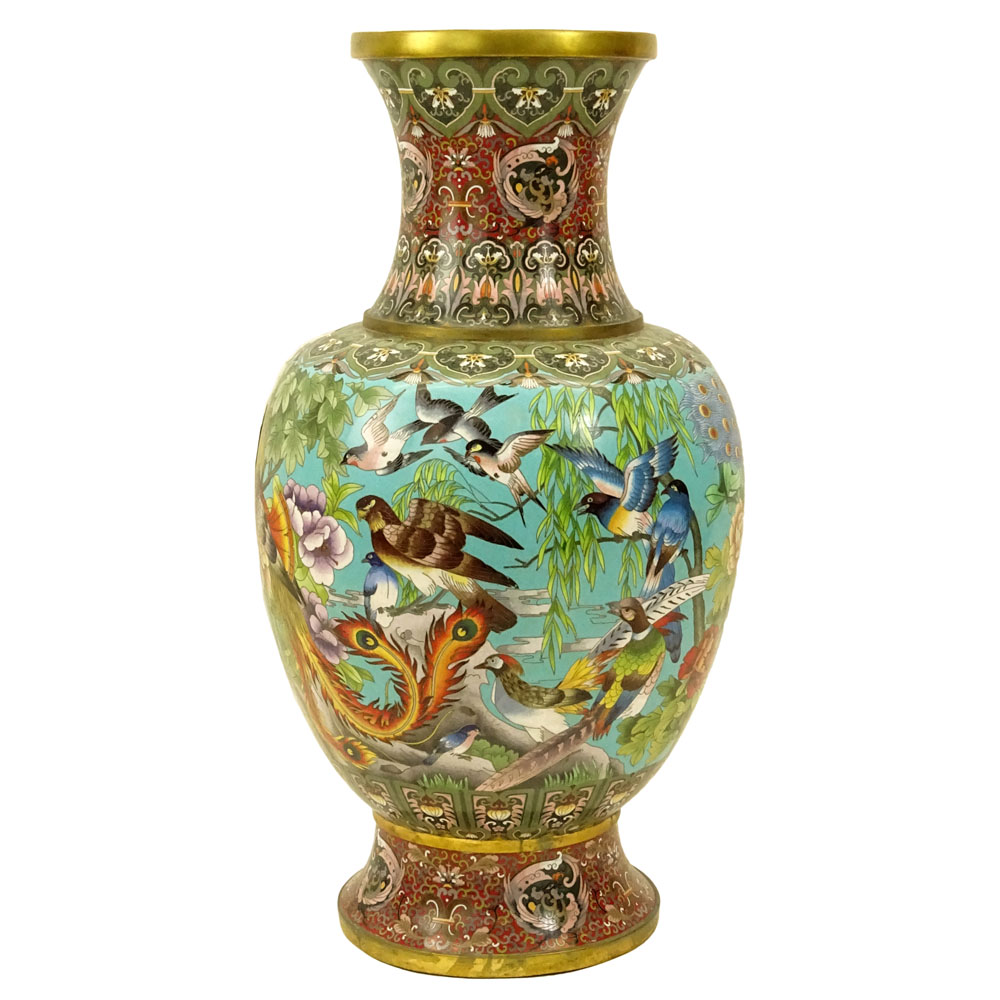 Large 20th Century Chinese Cloisonne Vase with Bird Motif.