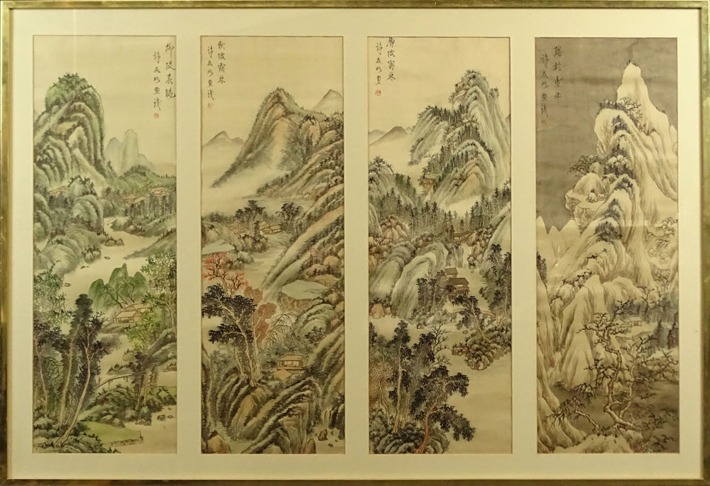 Four (4) 20th Century Chinese Ink and Wash on Silk, Mountain Landscapes. 