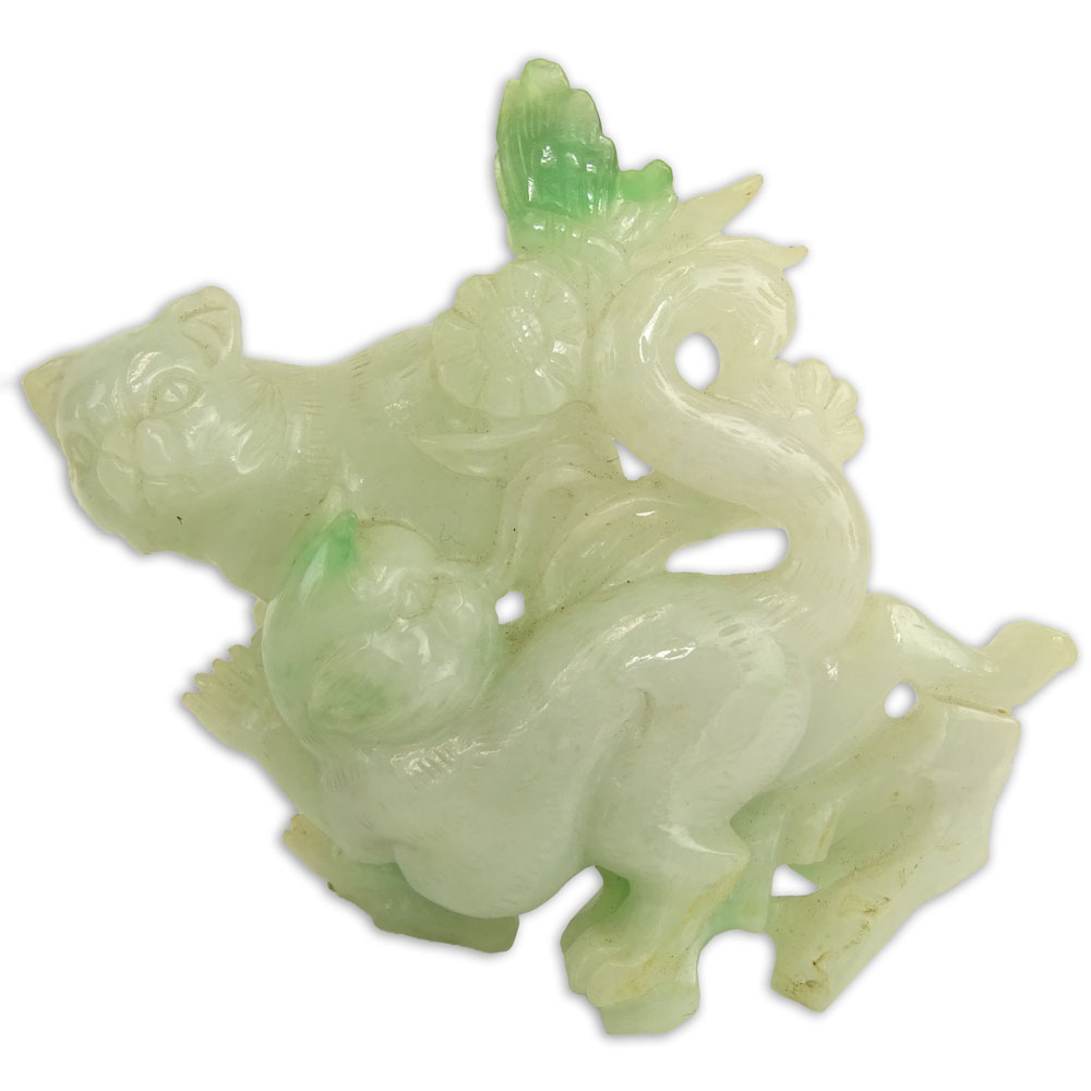 Antique Chinese Carved Jade Figurine of Two Cats. The jade almost white to bright apple green with hints of brown.