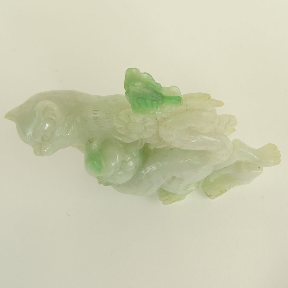 Antique Chinese Carved Jade Figurine of Two Cats. The jade almost white to bright apple green with hints of brown.