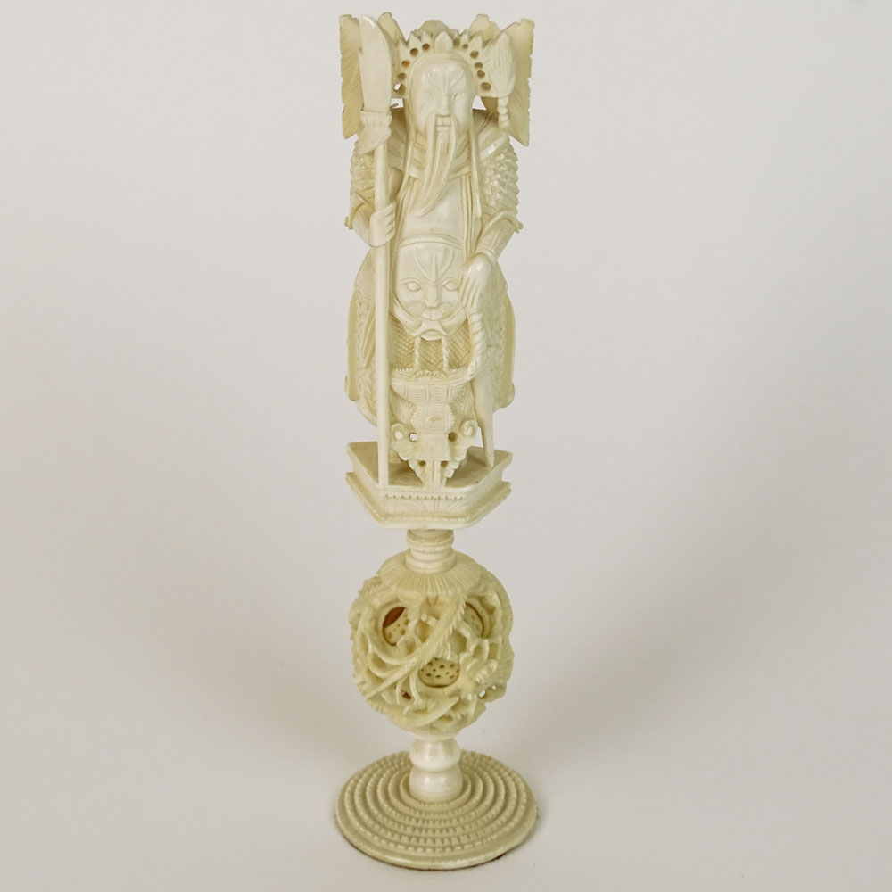 Chinese two part Ivory Carving, Warrior figure and Mystery Ball Base. 