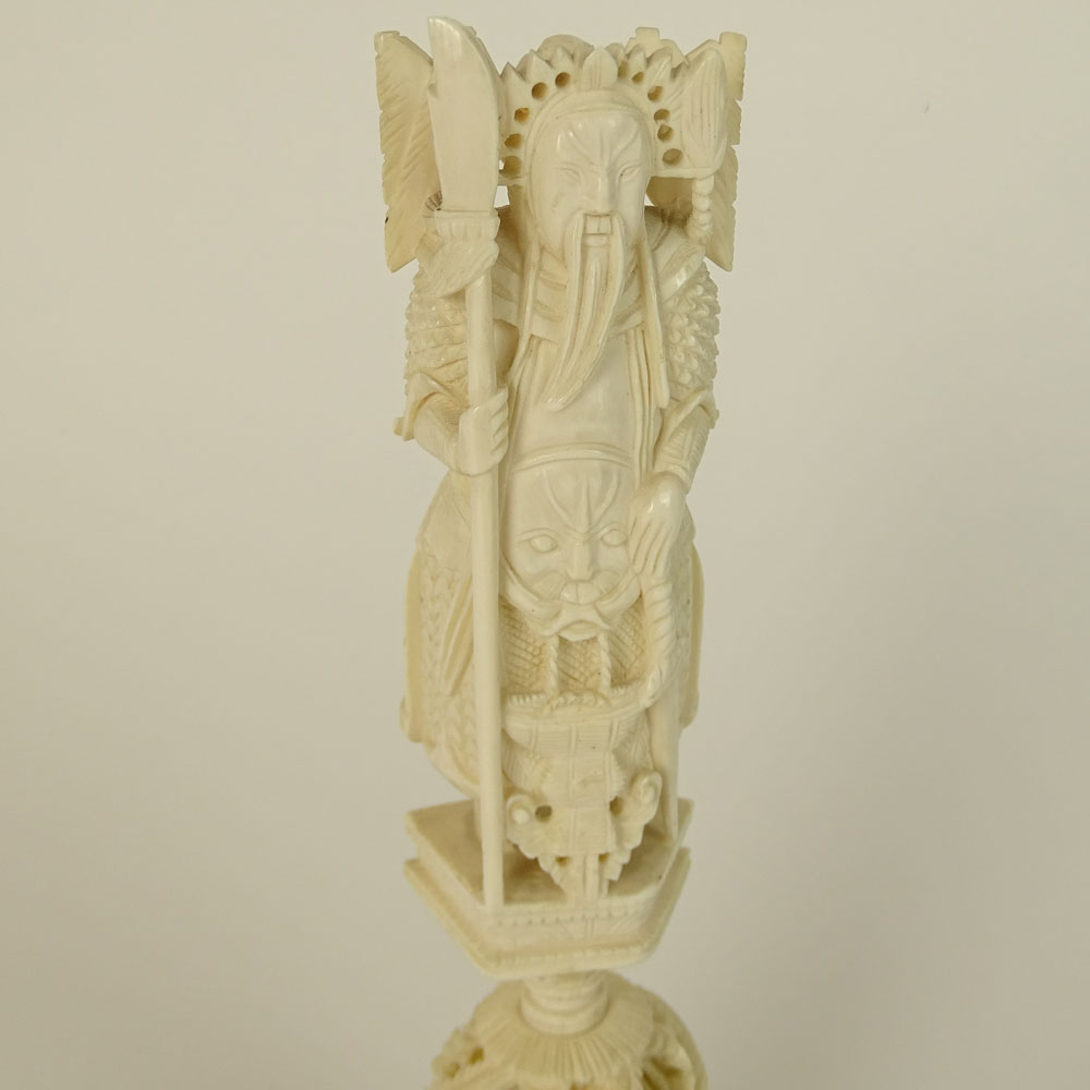 Chinese two part Ivory Carving, Warrior figure and Mystery Ball Base. 