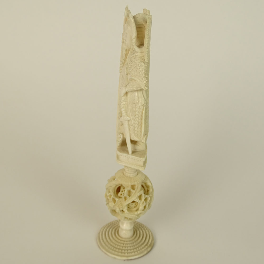 Chinese two part Ivory Carving, Warrior figure and Mystery Ball Base. 