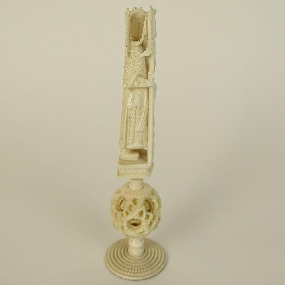 Chinese two part Ivory Carving, Warrior figure and Mystery Ball Base. 