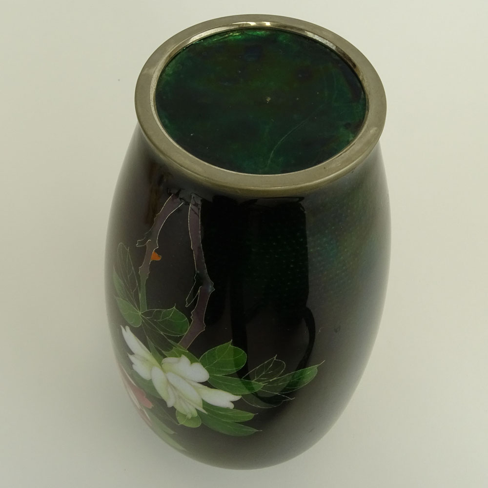 Vintage Japanese Cloisonne Vase. Flowering branches on green ground.