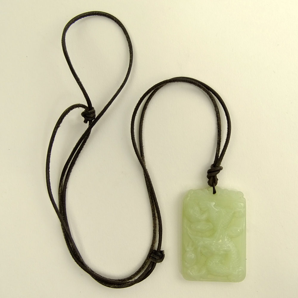 Vintage Chinese Carved Green White Jade Pendant.