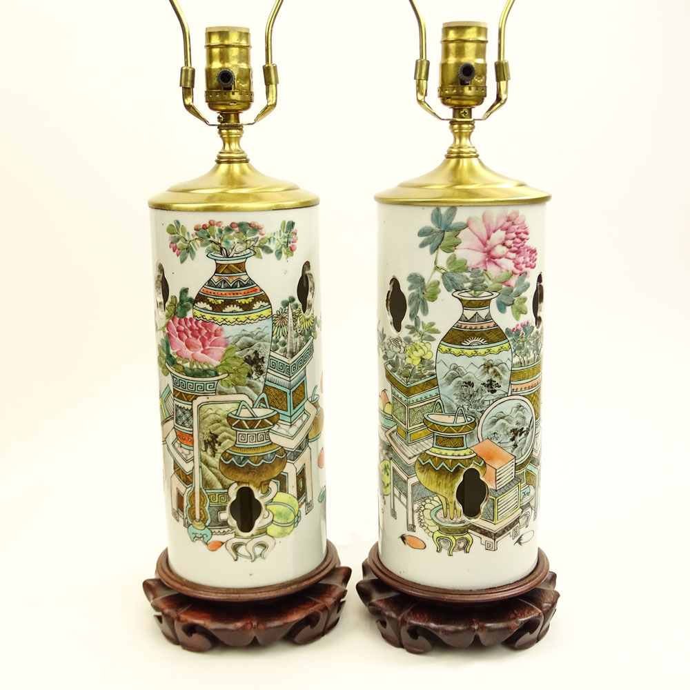 Pair of 19/20th C. Chinese Porcelain Hat Stands Lamps.