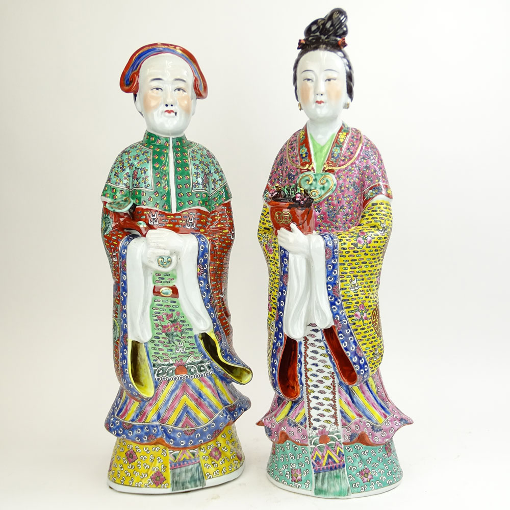 Pair of Large Chinese Republic Multicolored Enamel Porcelain Figures. "Emperor and Empress"