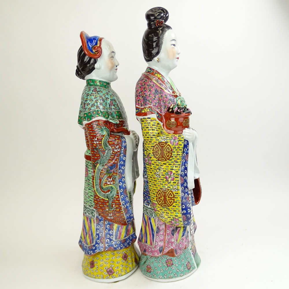 Pair of Large Chinese Republic Multicolored Enamel Porcelain Figures. "Emperor and Empress"