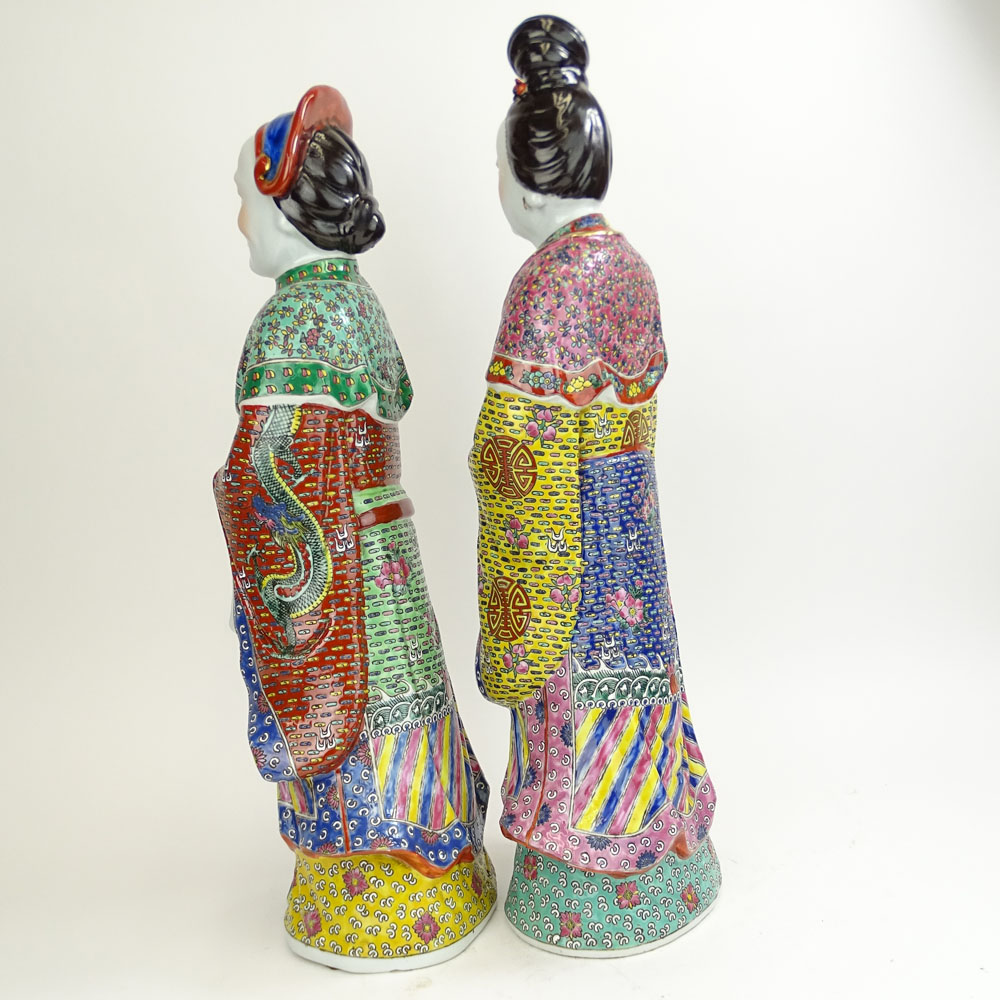 Pair of Large Chinese Republic Multicolored Enamel Porcelain Figures. "Emperor and Empress"