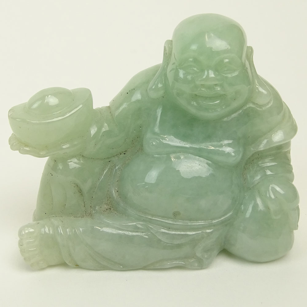 Nicely Carved Vintage Chinese Pale Green Jadeite Buddha Figure.