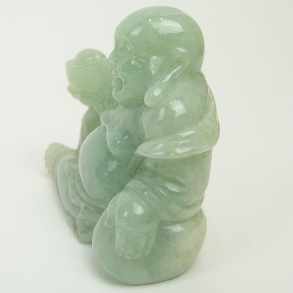 Nicely Carved Vintage Chinese Pale Green Jadeite Buddha Figure.