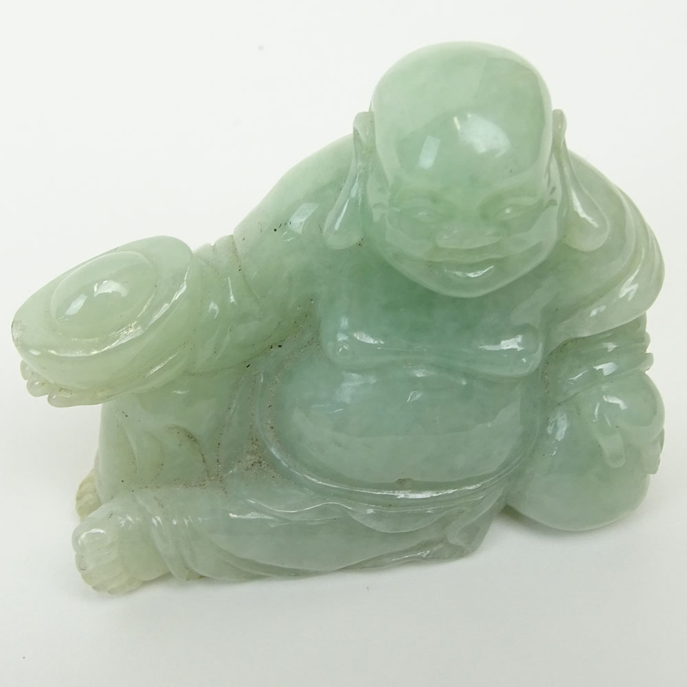 Nicely Carved Vintage Chinese Pale Green Jadeite Buddha Figure.