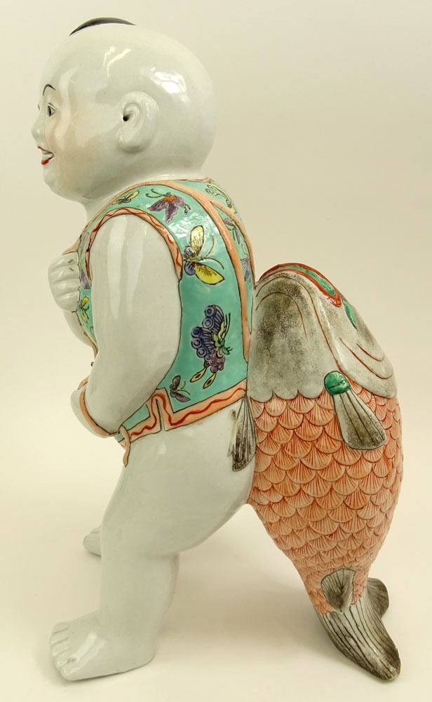 Mid 20th Century Chinese Porcelain Large Figure of a Boy With Fish.