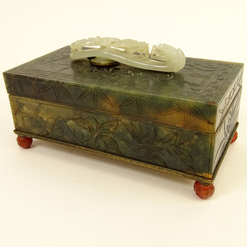 Vintage Chinese Mottled Spinach Jade Covered Box with White Jade Belt buckle Top.