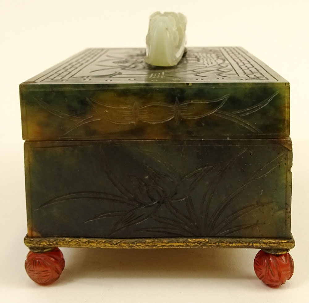 Vintage Chinese Mottled Spinach Jade Covered Box with White Jade Belt buckle Top.